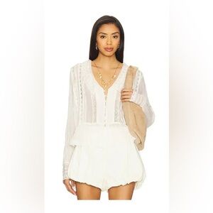 Free People Elodie Blouse XS Ivory Lace Pintuck Peplum Boho Romantic Spring